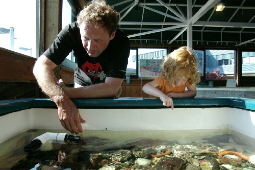 Ally and Uncle Badger play with the fish at Sea Life Centre